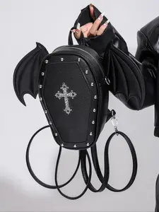 personality  casual  versatile Domed Crossbody shoulder bag, niche design dark wind bat wings coffin bag, rhinestone cross decorative rivet shoulder bag, suitable for daily commuting, shopping to participate in activities.