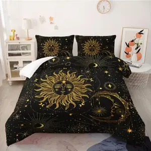 Sun and Moon Bedding Set, Mystery Galaxy Print Sheet Set, Soft Microfiber, Includes 1 Quilt and 2 Pillowcases, Bedroom Decor