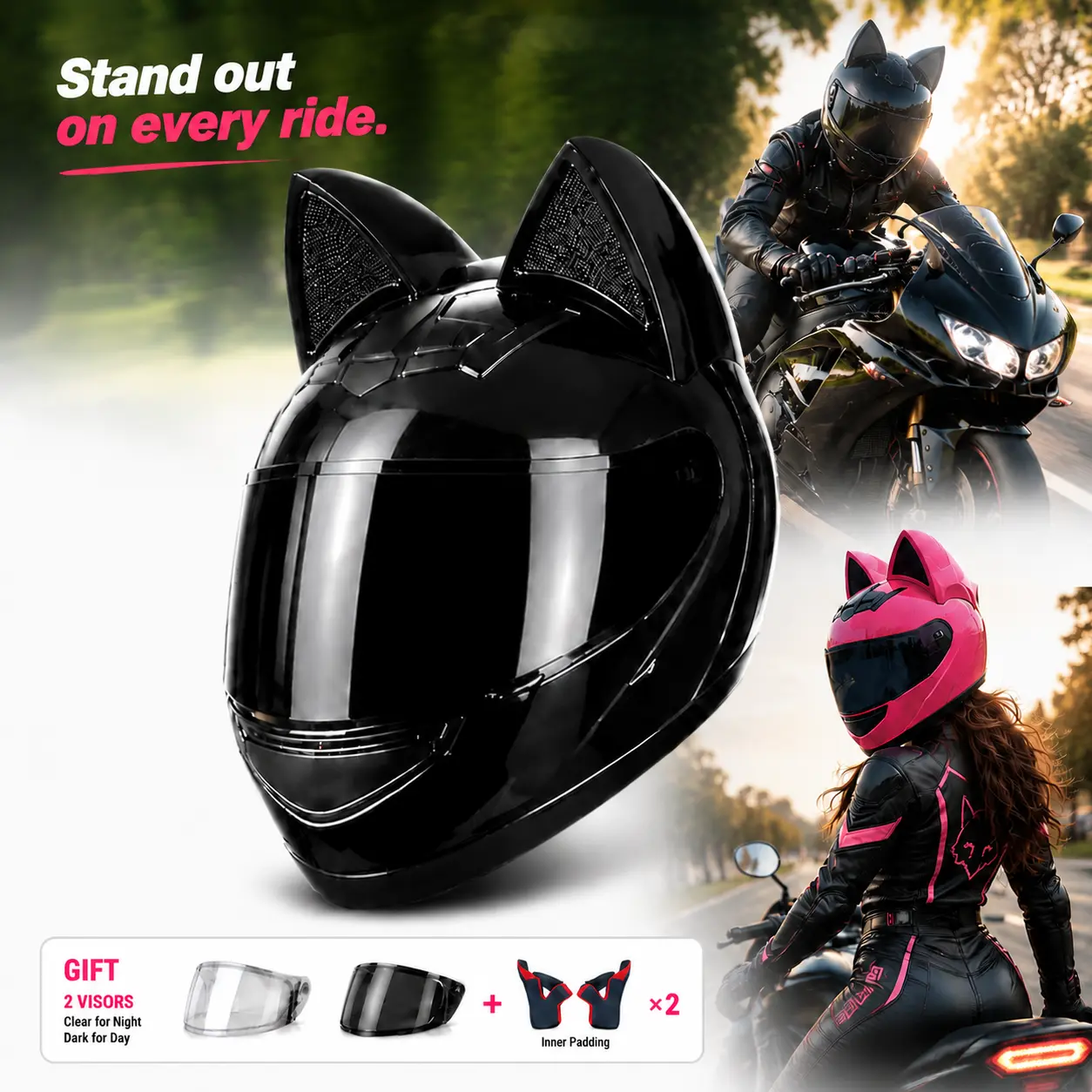 LeLW Cat Ear Motorcycle Helmet, Cute Full Face Helmet for Women & Men, DOT Certified Safety Helmet with Dual Visor, Removable Washable Liner, Bluetooth Ready, Adjustable Fit System, Includes Helmet Bag