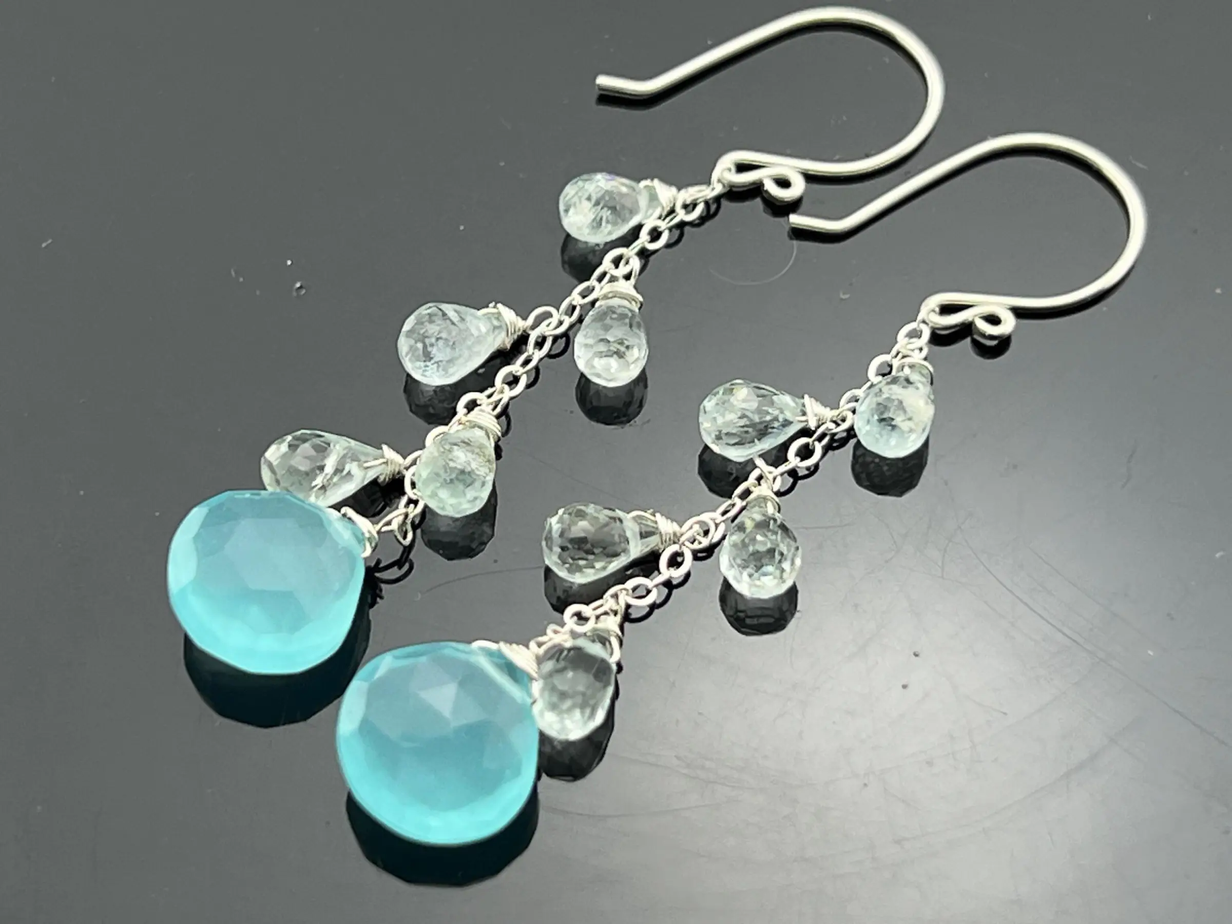 Aqua Blue Chalcedony & Aquamarine Cascade Earrings • 925 Sterling Silver • Gemstone Long Dangle Earrings