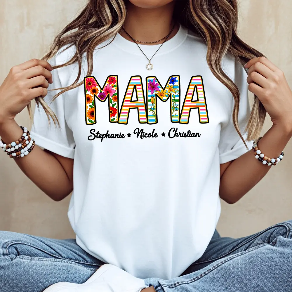 Floral Mama With Names Personalized T-Shirt White Crewneck Casual Wear For Mothers Day Or Everyday