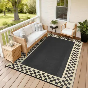 [GAOMON]Checkered Outdoor Rug 8x10 Waterproof Modern Bordered Patio Rugs Plastic Straw Rug Large Indoor Outdoor Throw Carpets Reversible Mat for Picnic, Backyard, Rv, Beach, Deck, Camper, Balcony, Black