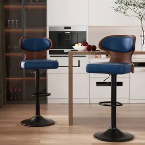 Bar Stools Set Of 2 Seat Adjustable Height 24.5-33.5IN - Bentwood Swivel Barstools With Back & Footrest - PU Leather Upholstered Bar Chair For Bar, Kitchen, Dining Room