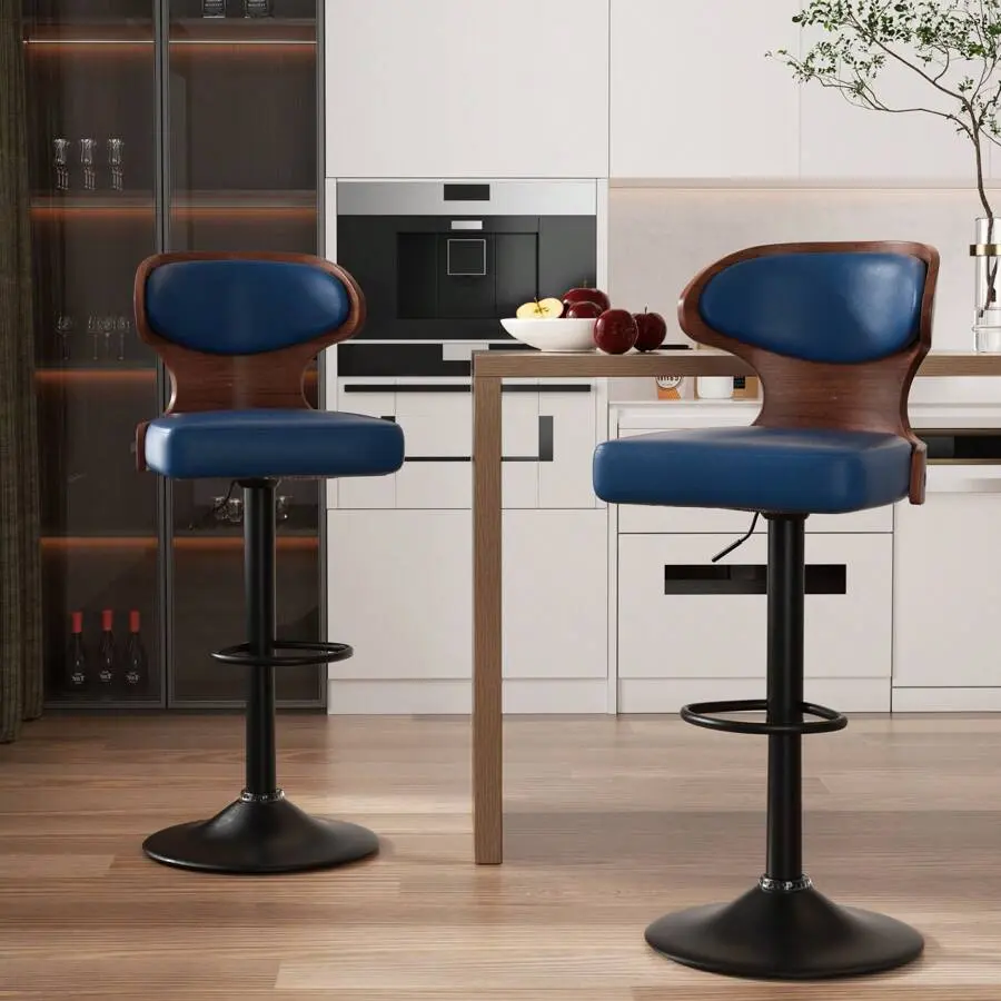 Adjustable Counter Stools Set of 2 - Bentwood Swivel Bar Stools with PU Leather Upholstery, Backrest, Footrest, 24.5-33.5in Height - Indoor Bar Chairs for Kitchen, Dining Room