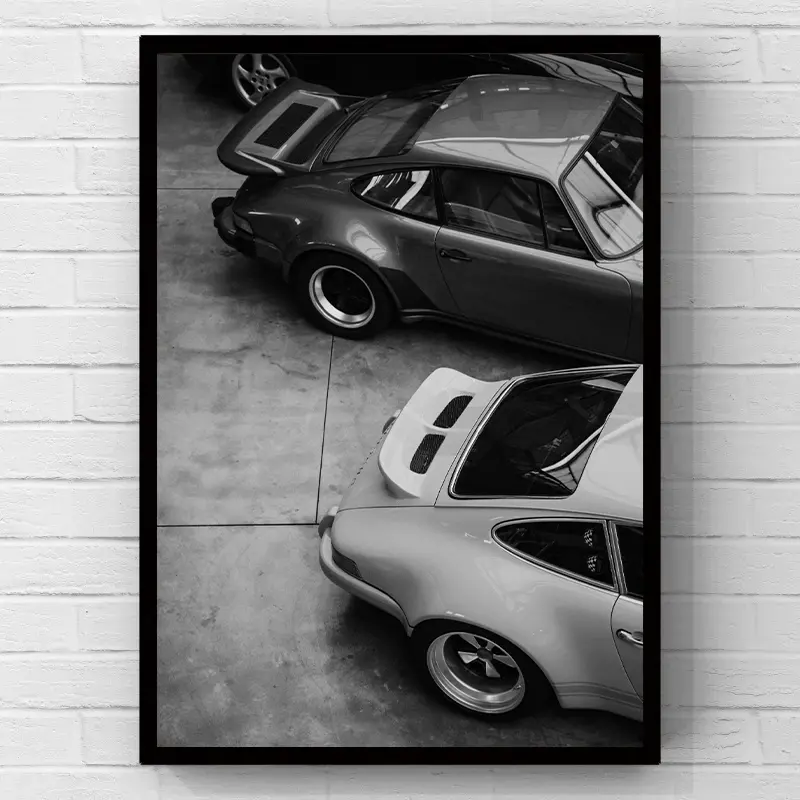 2 Vintage Classic Porsche 911 Sports Car Black-White Garage Photo Canvas Wall Art Poster, Minimalist High-Density Colorfast Ink 2D Flat Print, Lightweight Boxed Home Supply, Man Cave Wall Decor
