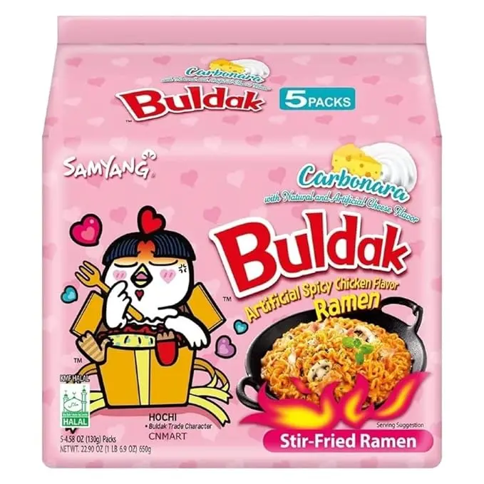Samyang Buldak Ramen Korean Spicy Hot *HALAL* Chicken Stir-Fried Noodles - Carbonara Flavor - 5 Pack Instant Food