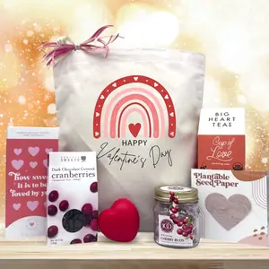 Itsonlynaturalgifts Rainbow & Hearts Valentine's Day Gift Basket with Dark Chocolate Covered Cranberries, Big Heart Tea, and Plantable Seed Paper