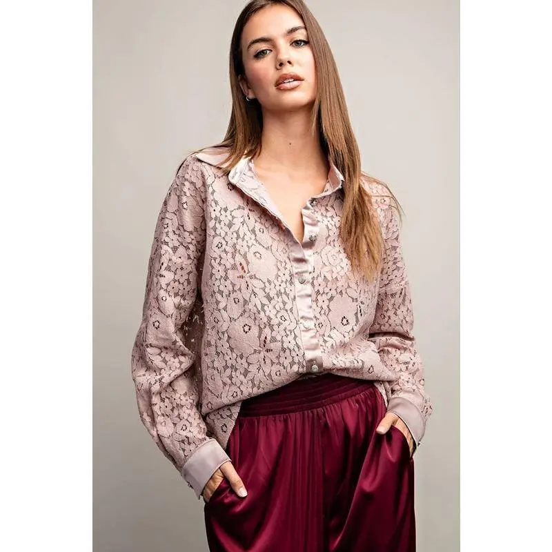 Eesome Floral Lace Tuxedo Blouse - Sheer Lace Pink Taupe