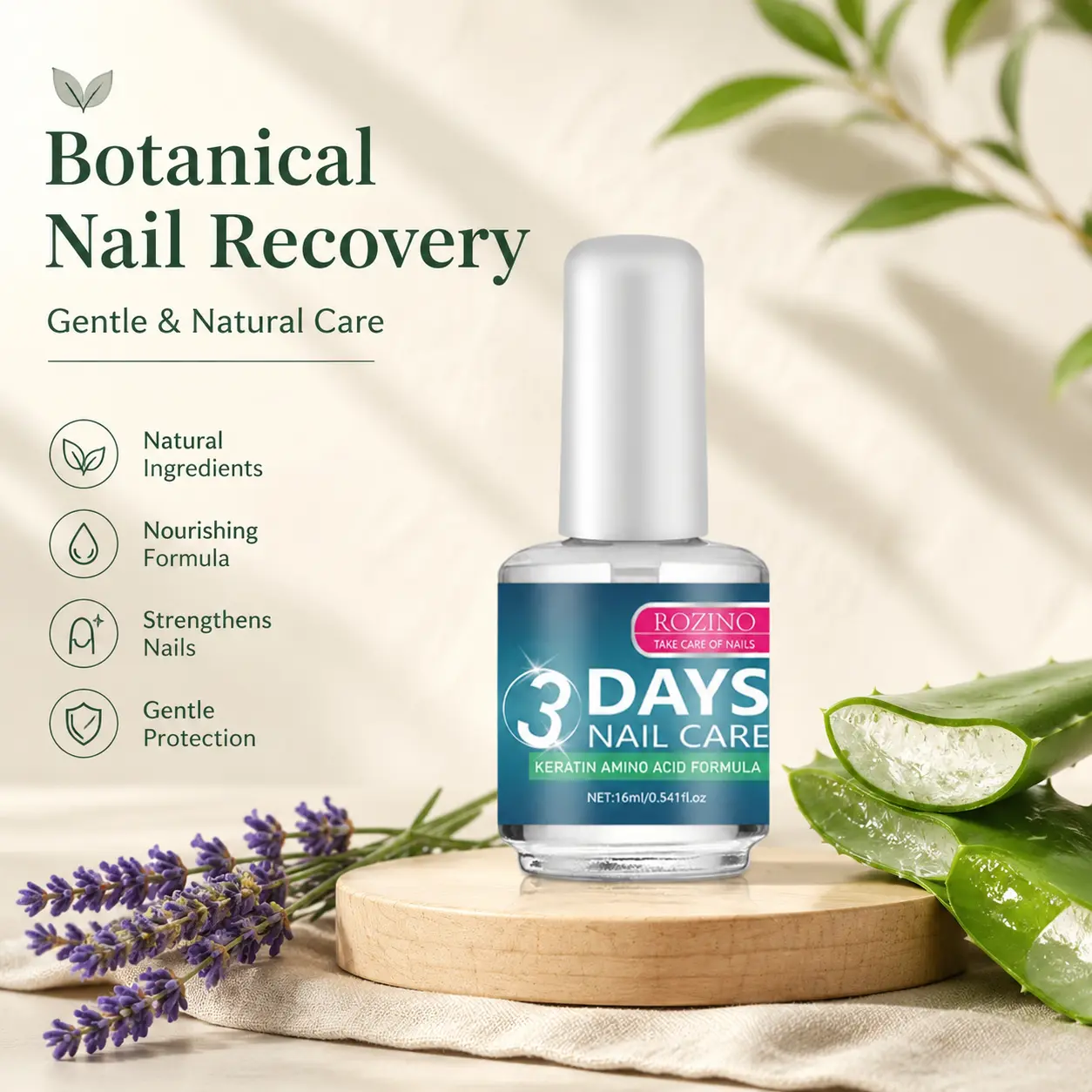 ROZINO 3 Days Nail Care Formula with Keratin Amino Acid & Aloe for Superior Nail Nourishment 16ml Bottle for Healthy Nails Manicure