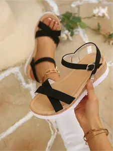 Women's new plus-size round-toe cross-strap buckle wedge sandals, simple and comfortable for everyday fashion, lightweight for commuting, shopping, and parties, versatile wedge thick-soled sandals Summer Comfy Footwear Sandals