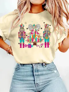 Women's Nutcracker Print Round Neck Tee, Casual Short Sleeve Crew Neck T-Shirt for Summer, Fashion Women's Top for Daily Wear