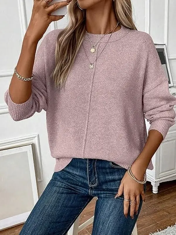 Women's 2026 Classic Style Long-Sleeve Sheer Knit Sweater - Solid Crew Neck, Medium-Length Basic Top for Casual Everyday Wear