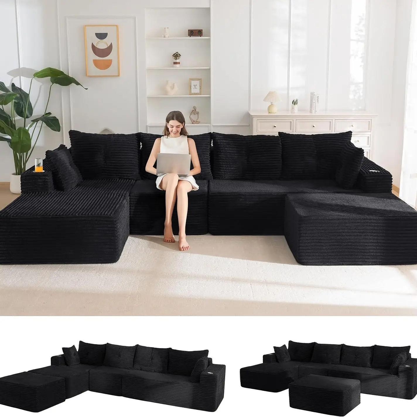 Black Large U Shape-Left Facing Chaise