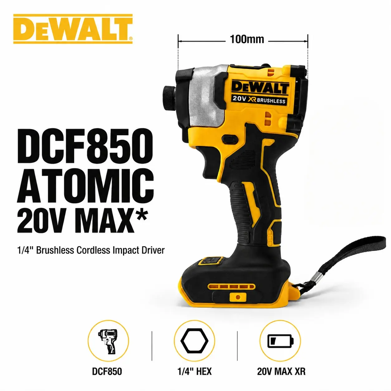 DEWALT DCF850 20V MAX XR Brushless Cordless 1/4 Inch Hex Impact Driver Tool Only, Ultra Compact 3.97 Inch Head, 205Nm Torque, 4 Speed Modes with LED Light for Tight Space Woodworking Cabinetry Automotive Fastening