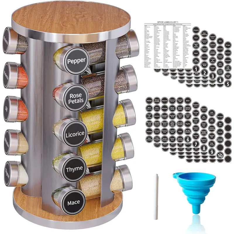 summerwins New England Stories 20-Jar Stainless Steel 360° Rotatable Smooth Spinner Organization Racks & Displays - Slim Durable Countertop Unit, Multilayer Storage with 386 Preprinted Labels for Kitchen Supplies, Apartment Accessories, Decor