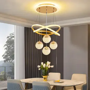 [Adjustable Height] Modern Golden LED Chandeliers, 3-Color Dimmable Pendant Ligh, Composed Of Geometric Lines And 4 Balls, For Kitchen Island, Living Room, Bedroom, Dining Room, Party Interior Decoration
