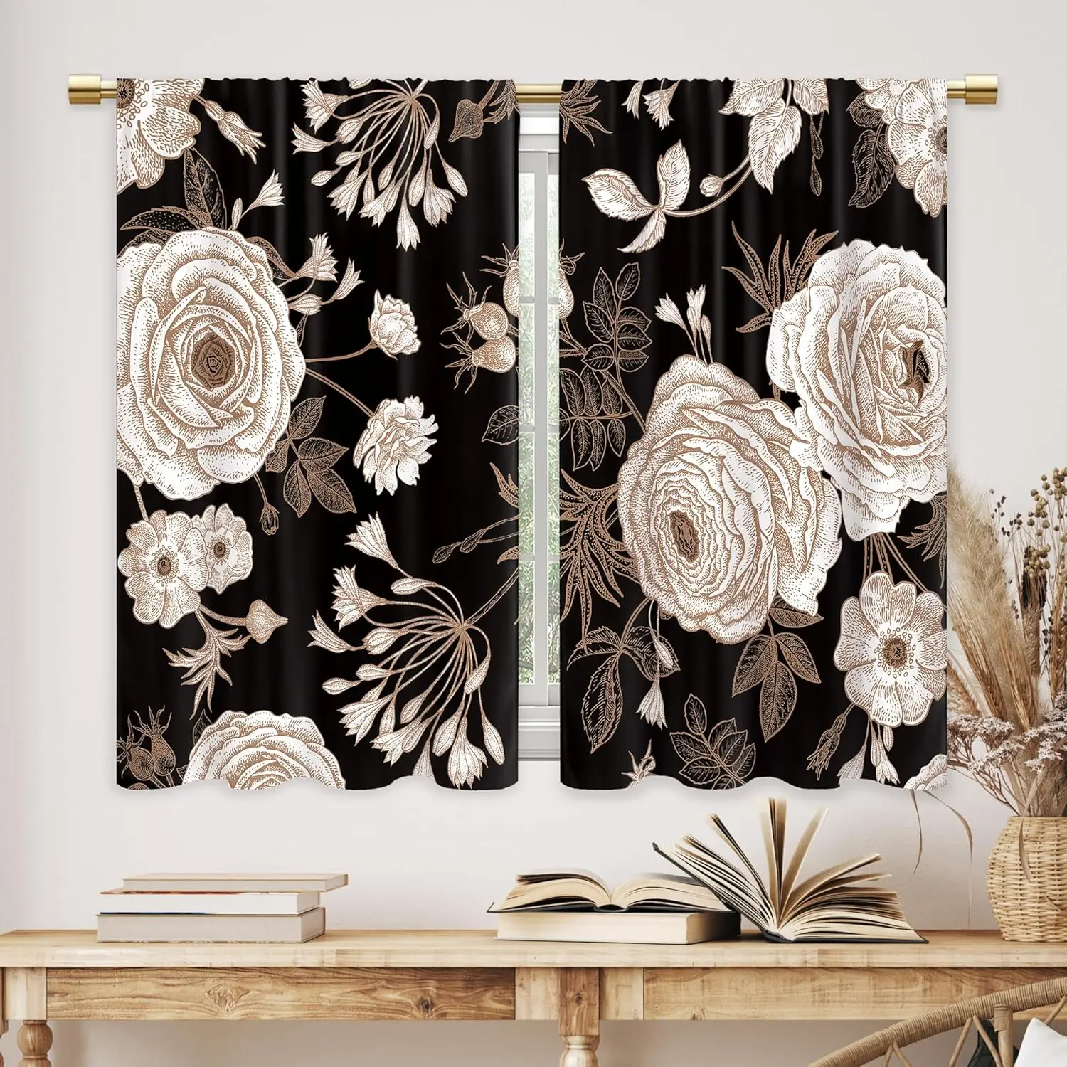 2-Panel Black Gold Vintage Boho Floral Rose Curtains - 27.5x39 in Rustic Botanical Drapes, Beautiful Patterns Window Treatments for Kitchen, Bathroom, Vintage Floral Curtains, Boho Floral Curtains