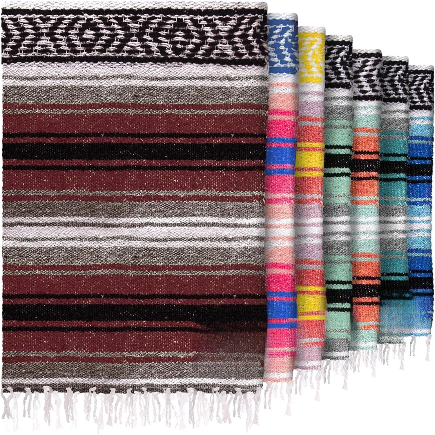 Authentic Large Handwoven Mexican Blanket - Soft Yoga- Durable Serape- Lightweight Falsa, Beach, Camping, Picnic, Outdoor Blanket 70"x50" - Cherry