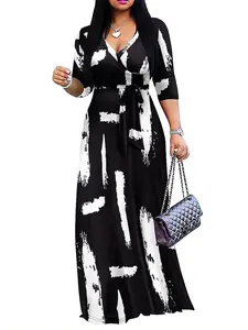 Women's Plain & All Over Print 3/4 Sleeve A Line Dress with Belt, Casual Classy Dress, Casual V Neck Long Dress for Summer, Ladies Clothes for Daily Wear