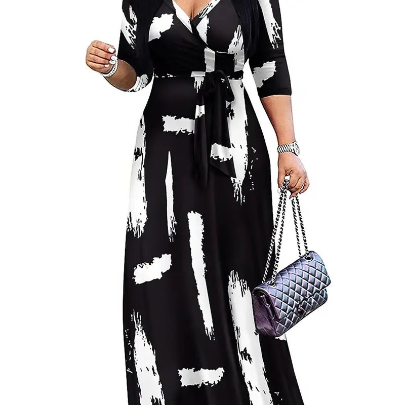 Elegant Feminine All Over Print V-Neck Dress with Belt, Fitted Three Quarter Sleeve Long Dress, Party Dress, Perfect for Parties, Holidays, Graduation and Cocktail Events