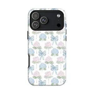 Hydrangea and Blue Bow Pattern Phone Case — Compatible with Samsung S26/S25/S24/S23/S22/S21, iPhone 17/16/15/14/13/12/11 phone cases. Drop-Resistant, Non-Slip, and Fade-Resistant.The Perfect Gift for Preppy and Feminine Style Lovers.