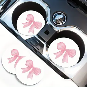2pcs Pink Bow Pattern Vehicle-Mounted Cup Holder, Water Absorption Coasters, Non-Slip Car Interior Design Accessories, Universal Cup Holder, Printing Position May Vary