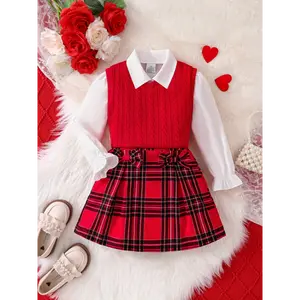 NewMermaid Costume Chucky Costume Girl Funny Halloween Costumes Girls A Set of Three Stylish And Versatile Outfits for Girls in Spring And Autumn Including a Long Sleeve Shirt with a Collar Buttons And Lace Details Red Ribbed Sleeveless