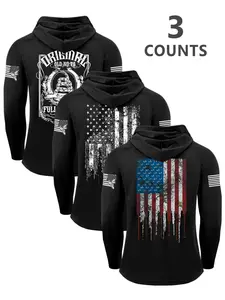 Men's Long Sleeve Hooded T-Shirt Set, Flag Graphic Print, Casual Fitted Gym Top, Spring & Fall Fashion, Comfortable 2-In-1 Sportswear, Gym Sport Hoodies