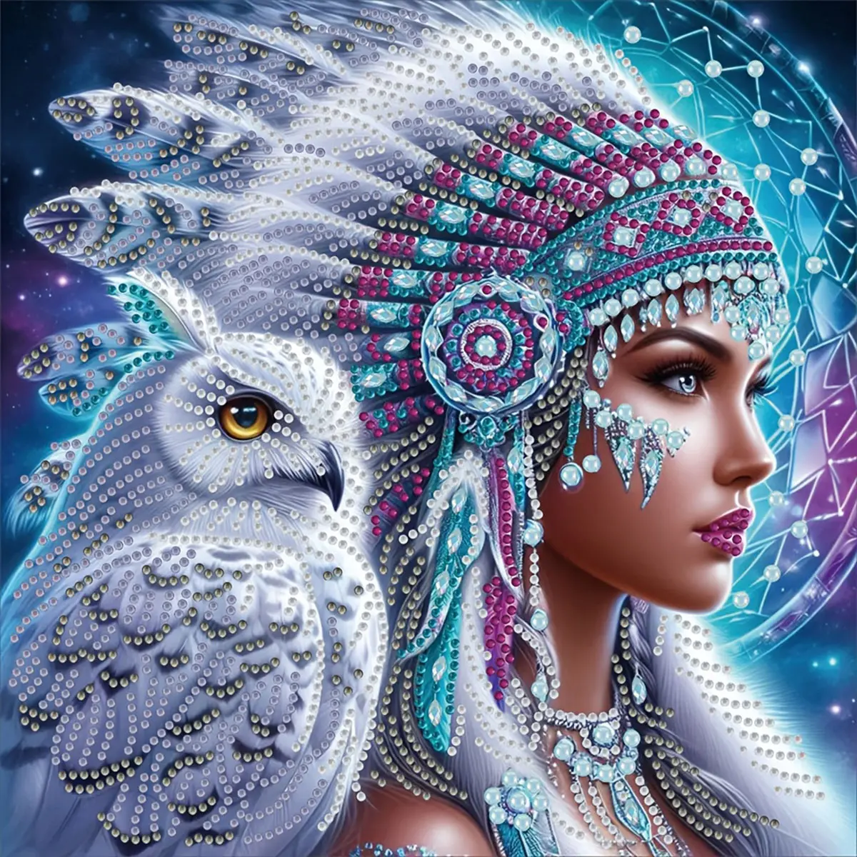 Summerwins 5D DIY Diamond Painting Kit - Special-Shaped Crystal, Native American Woman & White Owl Design, Frameless Mosaic Craft, 1x Diamond Pen, 1x Glue, Decorative Wall Art Painting, Handmade Party Gift, Home/Office Decor
