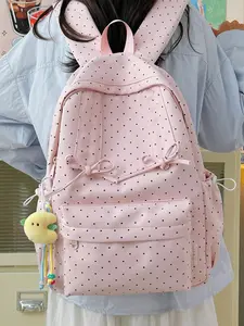 Women's backpack, solid color backpack, bow decoration, polka dot fashion, versatile, casual and simple, suitable for students to go to school, campus, commuting, shopping, women's backpack