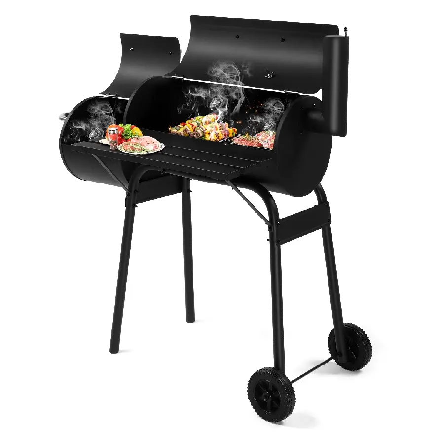 CalidoCasa Heavy-Duty Metal Offset Smoker Grill with Adjustable Damper, Large Size Outdoor Backyard Patio BBQ with Wheels and Side Shelf for BBQ Enthusiasts