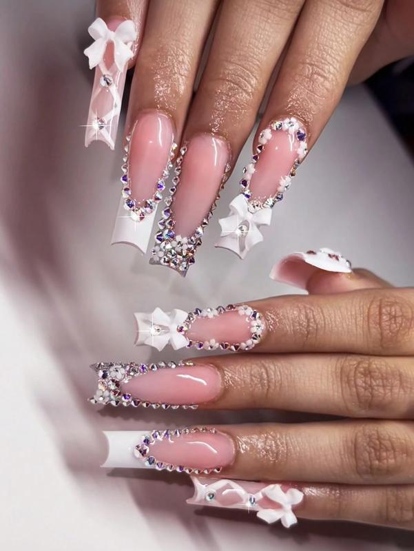 24-Piece Y2K Glossy Press-On Nails with White French Tips, 3D Bows & Dazzling Rhinestones - Long Square Shape