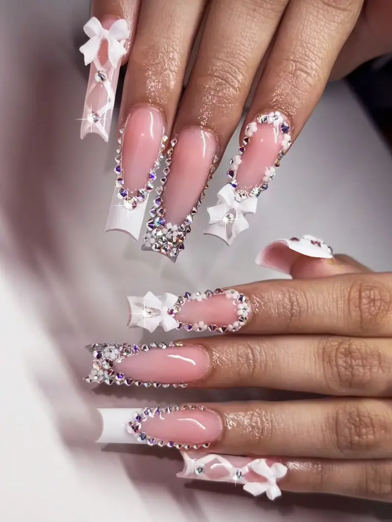 24-Piece Y2K Glossy Press-On Nails with White French Tips, 3D Bows & Dazzling Rhinestones - Long Square Shape