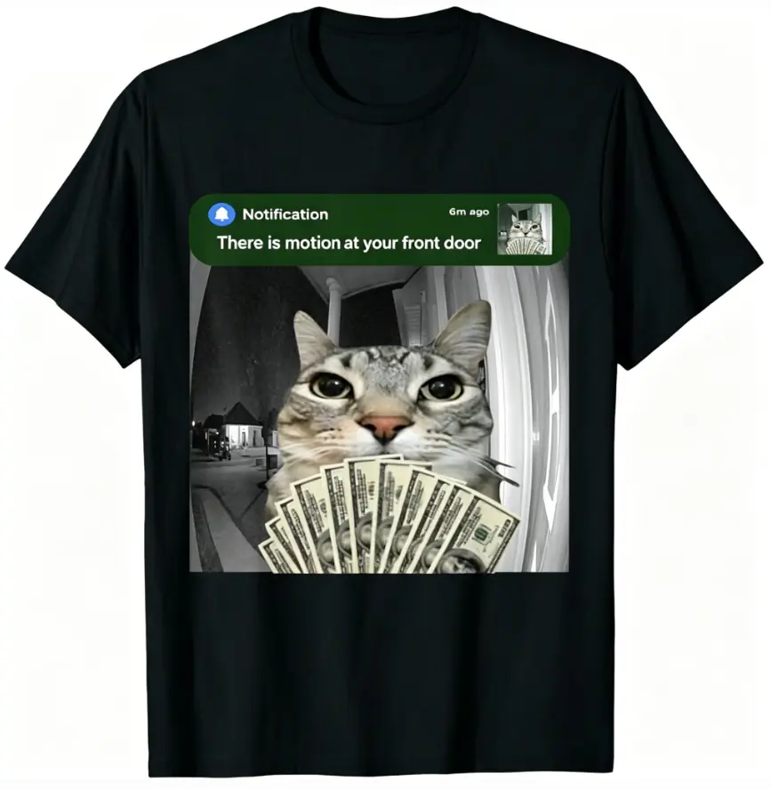 Women's Funny Cat Meme Graphic T-Shirt, Soft 100% Cotton Short-Sleeve Everyday Top with "There Is Motion At Your Front Door" Quote