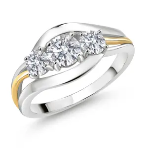 Gem Stone King 3-Stone Lab Grown Diamond and Gemstone Birthstone Ring for Women | 2-Tone 925 Silver 10K Yellow Gold | Round 5MM 4MM | Anniversary Engagement Ring