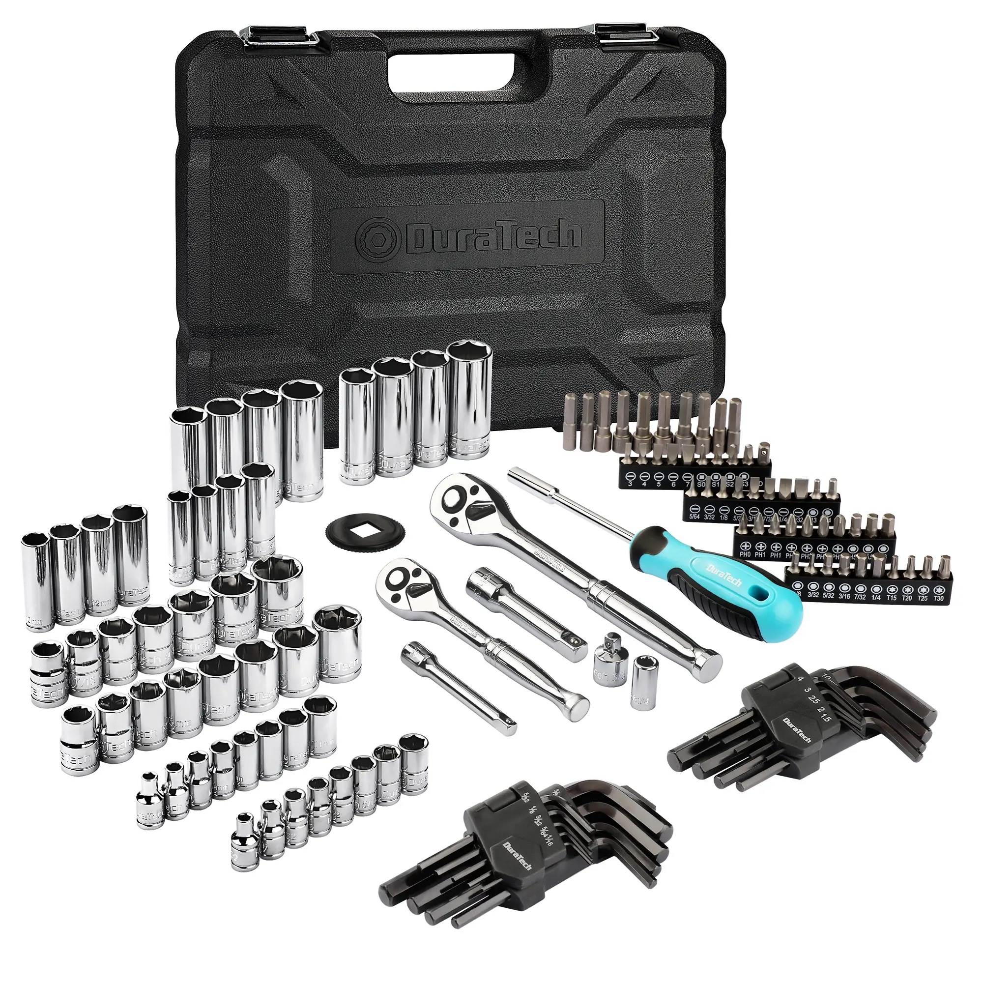 #fathersdaygift DURATECH 121-Piece Mechanics Tool Kits, Include SAE/Metric Sockets Set, 72-Tooth Drive Ratchet, 40-in-1 Magnetic Screwdriver, and Hex Keys with Carrying Tool Box for Auto Repair
