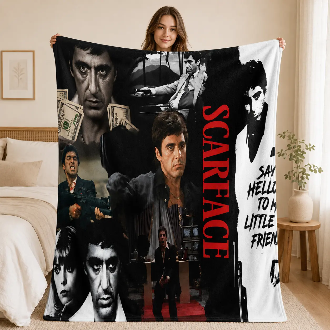 Classic Gangster Crime Movie Blanket, Black Red Fleece Throw, Say Hello Quote Inspired Gift for Movie Fans