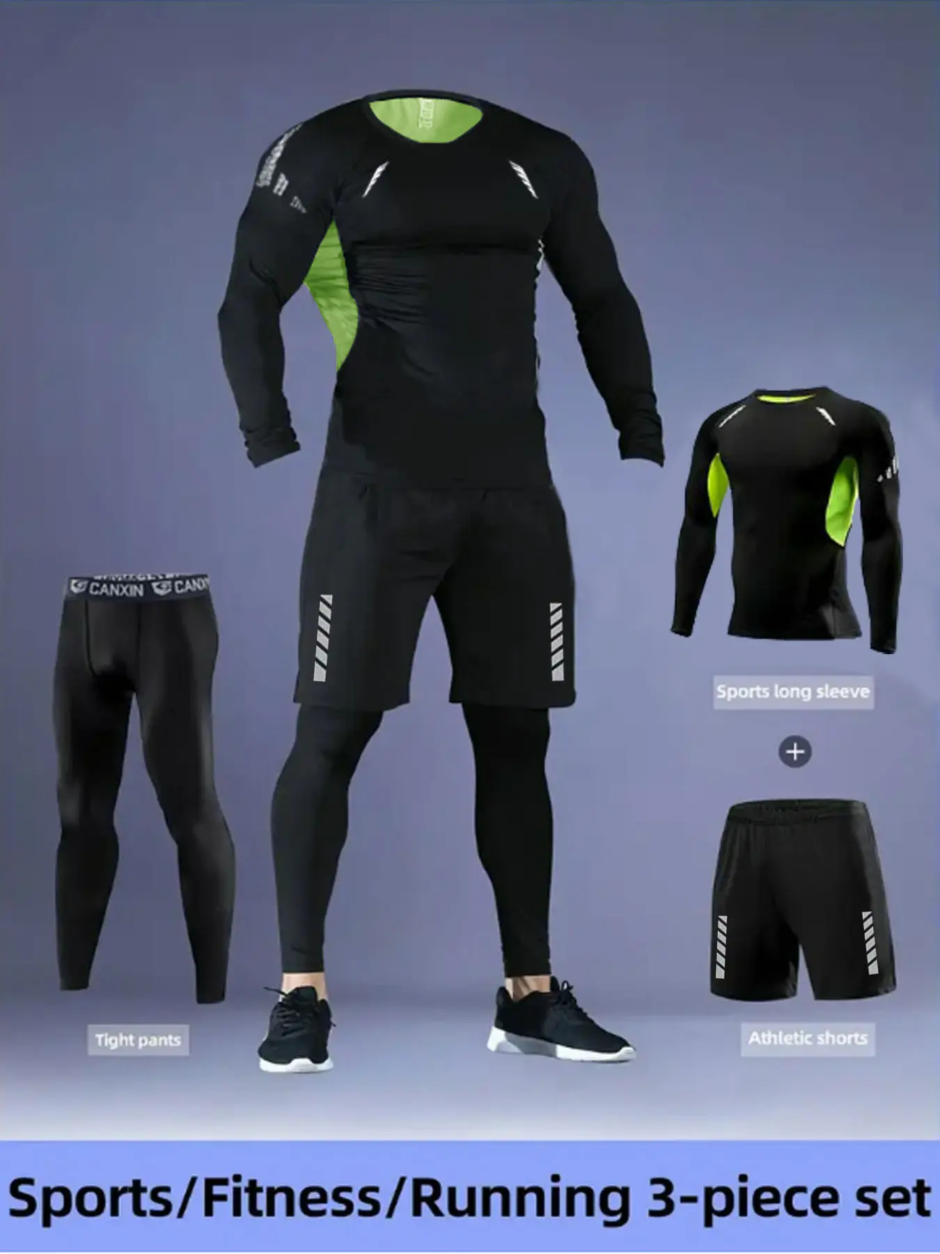 Men's 3 Piece Workout Sports Wear Set with Compression Breathable Long Sleeve Top, Quick-Dry Tight Pants and Reflective Pocket Shorts, Elastic Fiber Running Training Fitness Clothes Compression Clothing for Spring Summer Fall