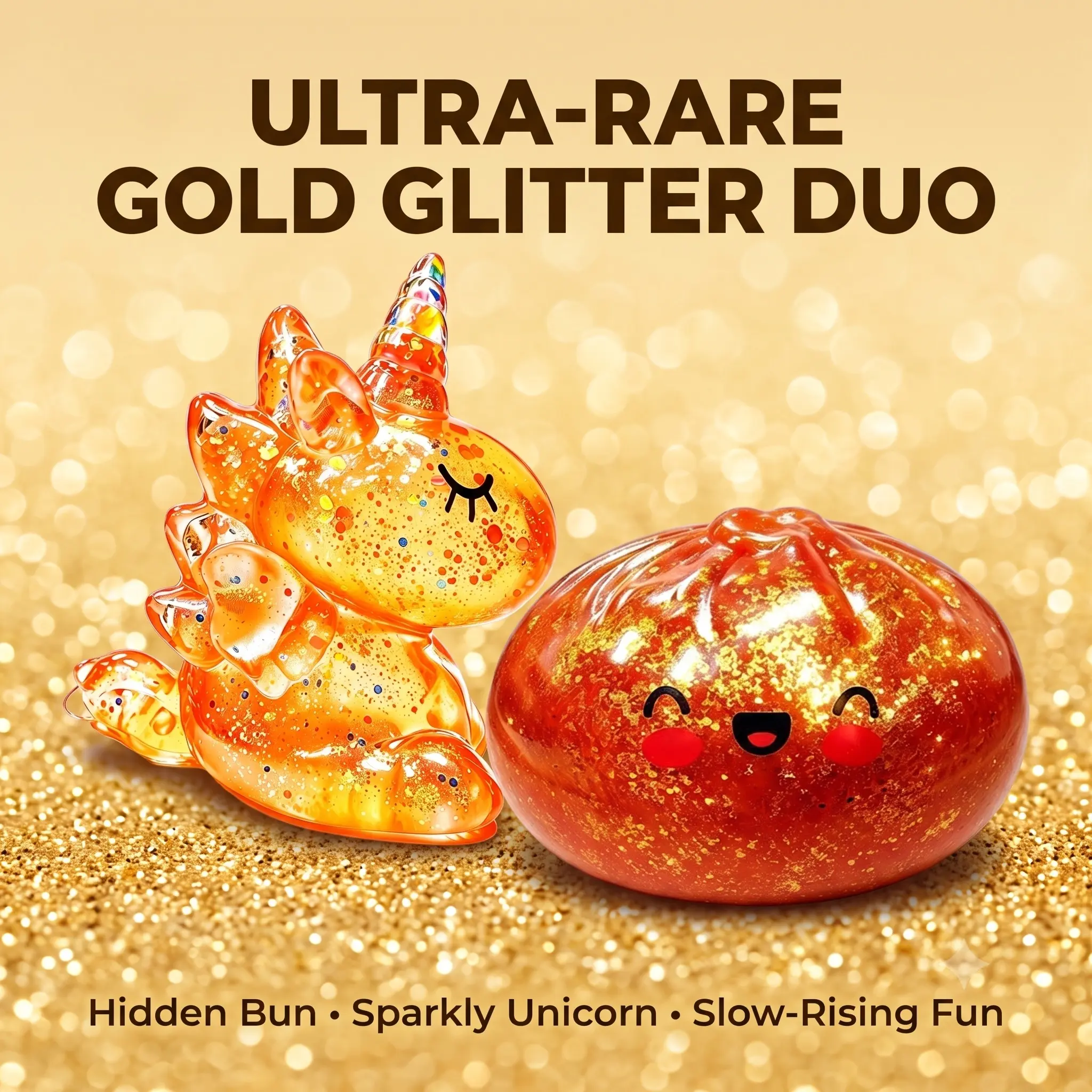 Gold Glitter Squishy Duo Set - Ultra Rare Hidden Bun & Sparkly Unicorn Slow Rising Squishy Toys, Soft Kawaii Look TPR Shell Sensory ASMR Squeeze Toys, Unisex Smiling Faces Collectible Stress Relief Gift, Thick Water Galaxy Stretchy Slime Party Favors, Fid