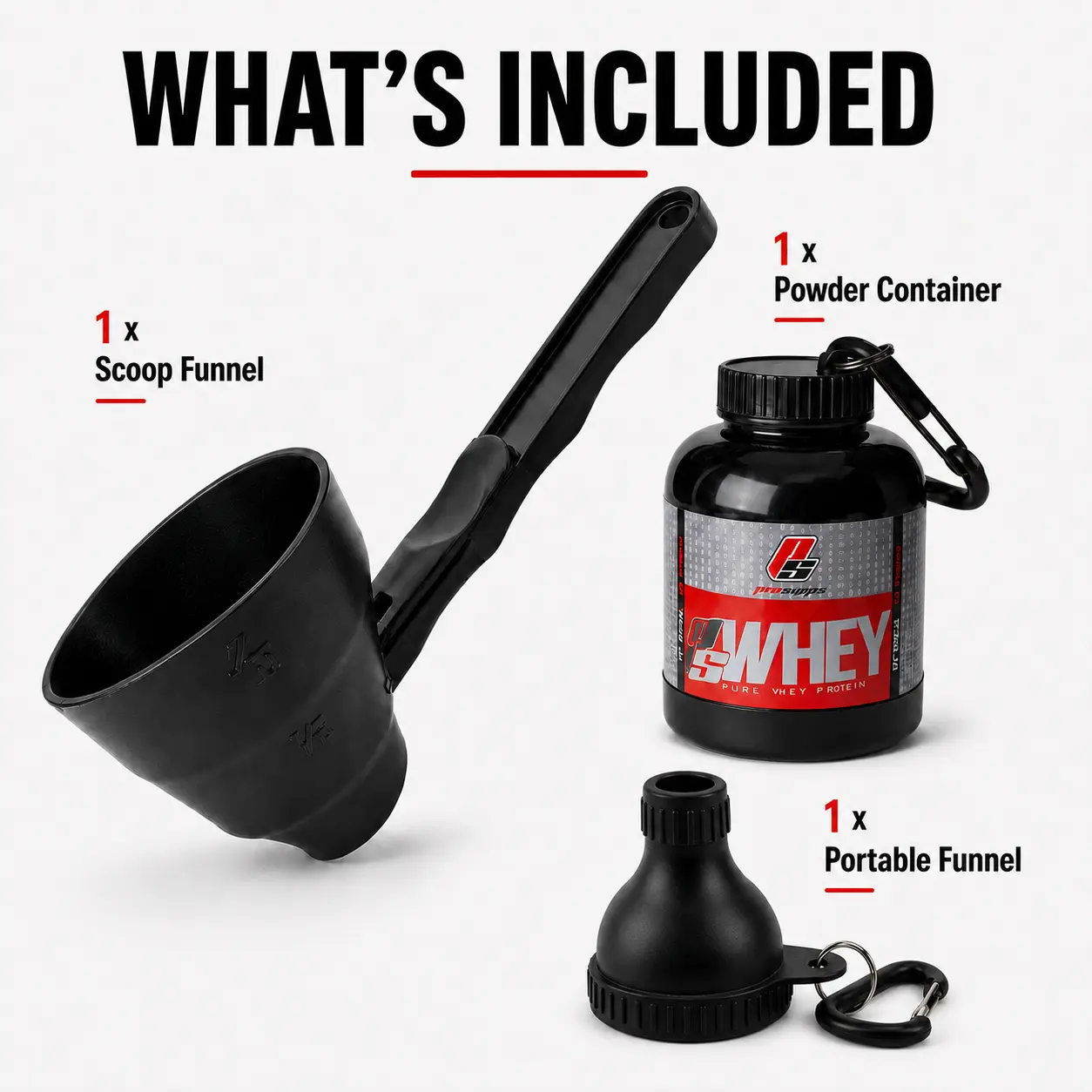 Compact Protein Powder Scoop & Mini Whey Container Kit Pack: Travel-Ready Supplement Dispenser with Carabiner Clip, Funnel-Shape Mess-Free Tool for Shaker Bottles, Gym Fitness Storage Set (Set Includes Scoop, Container, Carabiner)