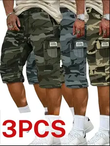 Men’s three tone camouflage cargo shorts, casual and cool style, side utility pockets add a practical touch, drawstring waist for easy adjustment, small labels showcase refined details, smooth drape and skin friendly fabric, relaxed fit that moves freely—