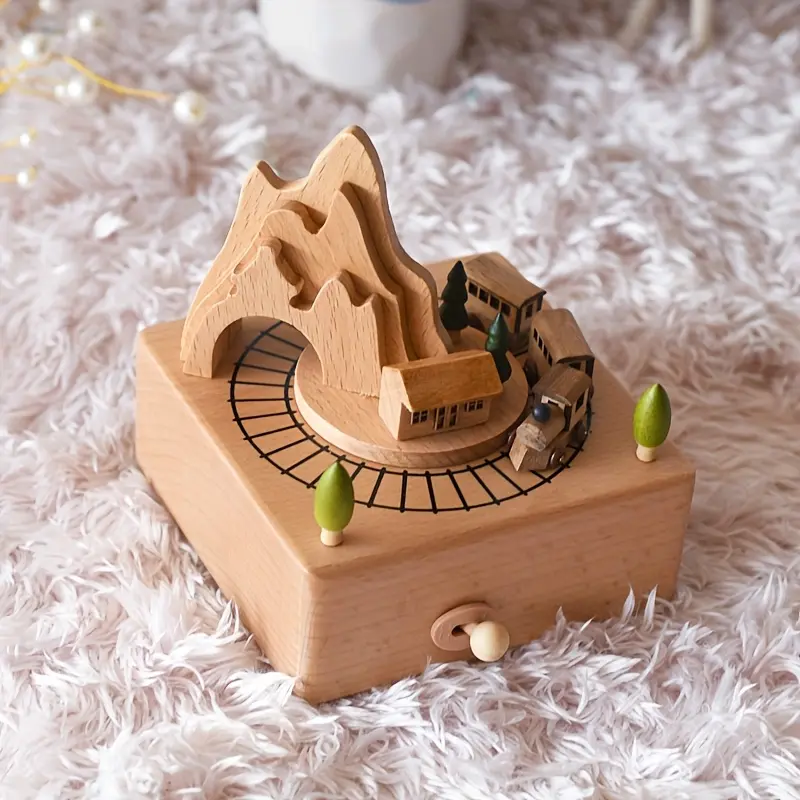 Cave Train Sports Wooden Music Box, Hand-Cranked Powered Without Battery, Beautiful Melody, Holiday Gift