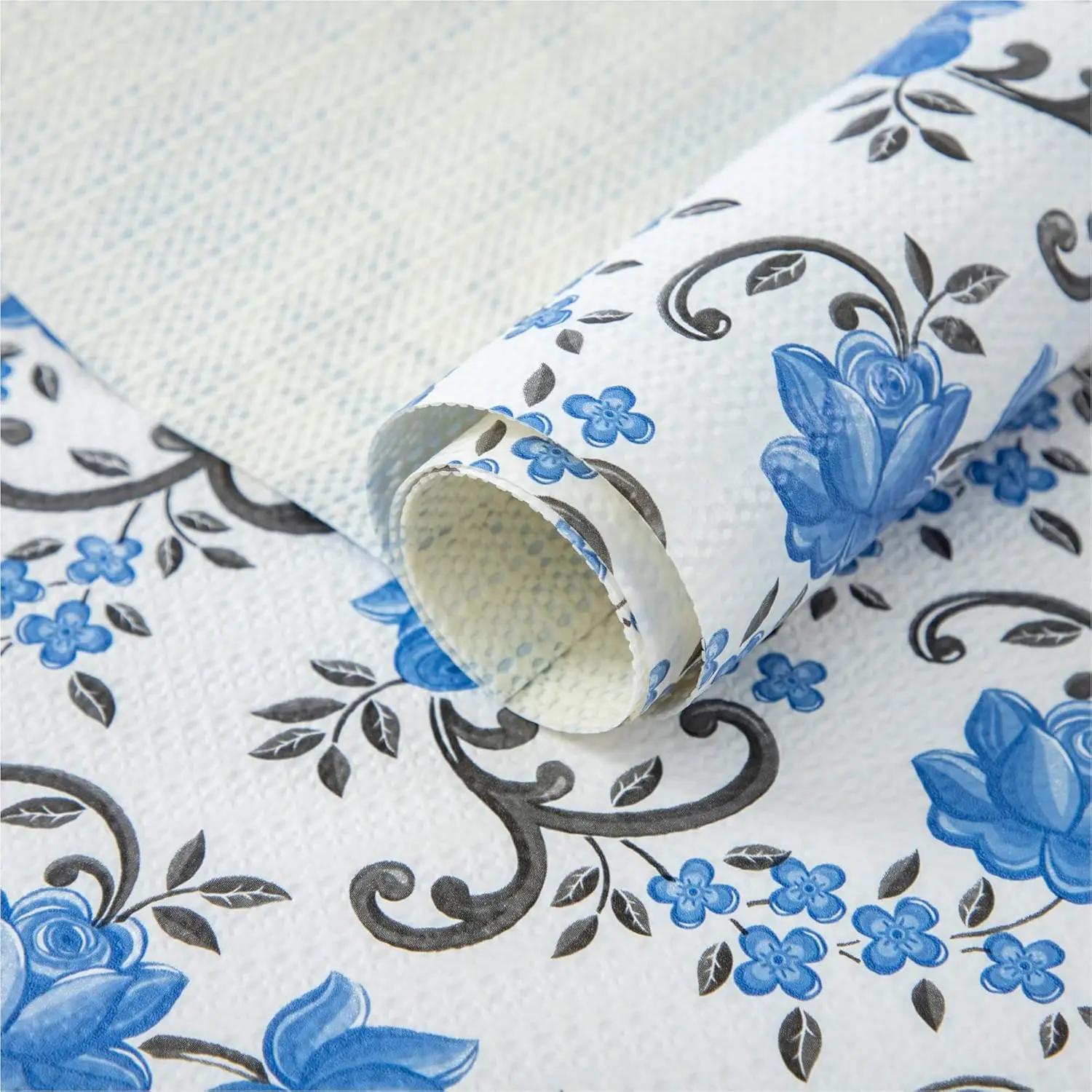 12X120 Inch Shelf Liner for Kitchen Cabinets, PVC Drawer Liner for Dresser Non-Slip Bathroom, Non-Adhesive Cabinet Liner Washable (Blue Floral)(1 Roll)