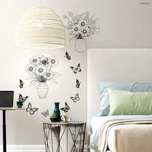 2Pcs/Set Sketch Style Vase Flower Butterfly Wall Stickers 30×30cm Black & White Line Art Self-Adhesive Bedroom Decor Decorative Artistic Wall Decal Home Decor Stickers Sticker Decoration