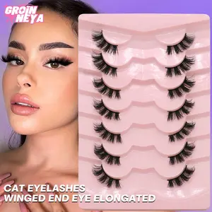 GROINNEYA 7 Pairs Cat Half Eye Lashes Fluffy Criss-Cross Semi-Eyelashes Natural Makeup Strip False Eye Lashes Glam Volume Half Lashes Wispy Effectt Fake Eyelashes Matches All Makeup Styles,Suitable For Party And Date, Cosmetic