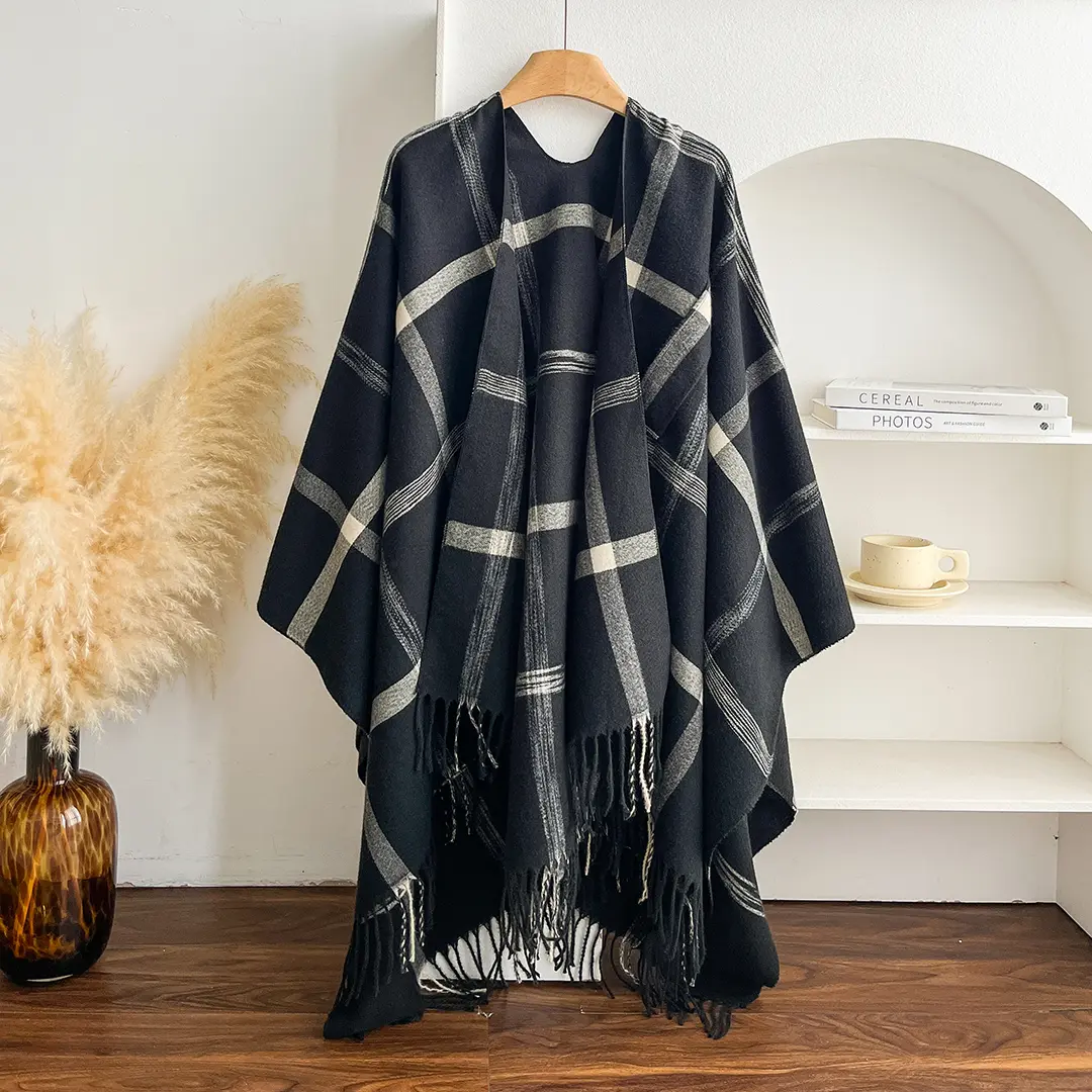 Women's Checkered Poncho Shawl, Chic Style Plaid Cape with Fringe Trim, Cozy Soft Colorful Design for Fall and Winter, Casual Soft Shawl, Fringe Trim Shawl