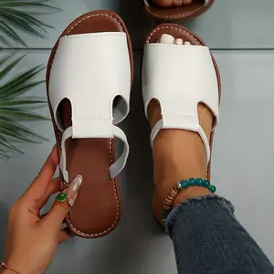 Lightweight Women's Casual Peep Toe Flat Slides, Faux Leather Slip On Beach Slide Sandals