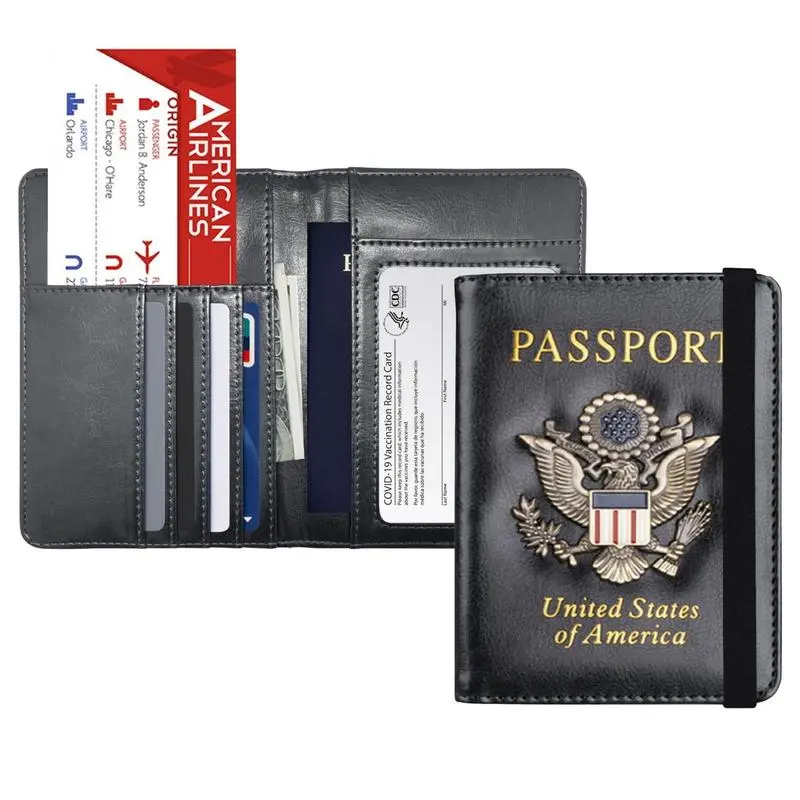Leather Passport Wallet with Vaccination Card Slot, Faux Leather, 5.75 Inches x 4.0 Inches x 0.25 inches, Multi-Compartment, RFID Blocking Security