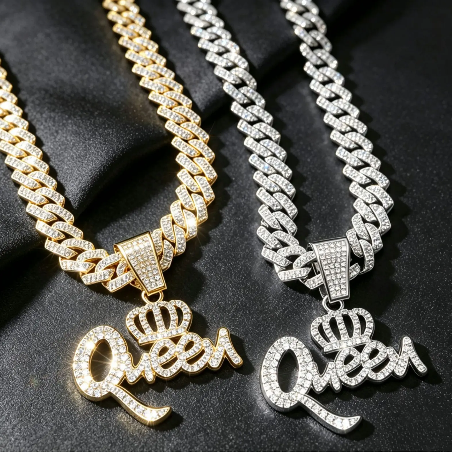 Women’s Iced Out Queen Crown Cuban Link Pendant Necklace - Gold/Silver Plated Hip Hop Letter Jewelry with 16-24in Full Diamond Miami Cuban Chain, Daily Fashion Costume Accessory Gift, Necklaces For Women, Diamond Engraved Necklaces