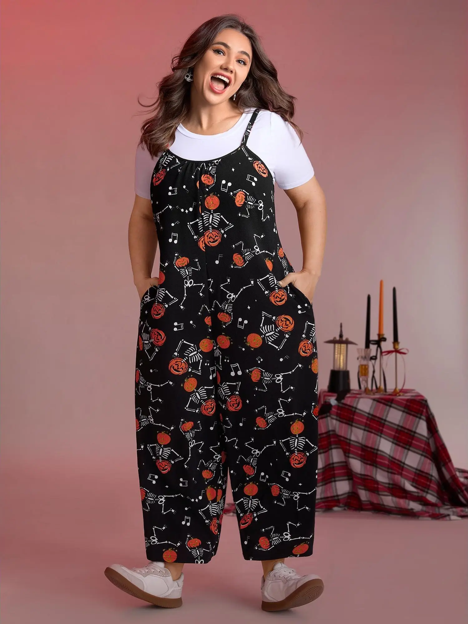 BloomChic Women's Pumpkin Skeleton Pajama Jumpsuit - Sleeveless Cami Lounge Romper, Soft Halloween Sleepwear, Relaxed Fit Home Outfit,Summerfinds